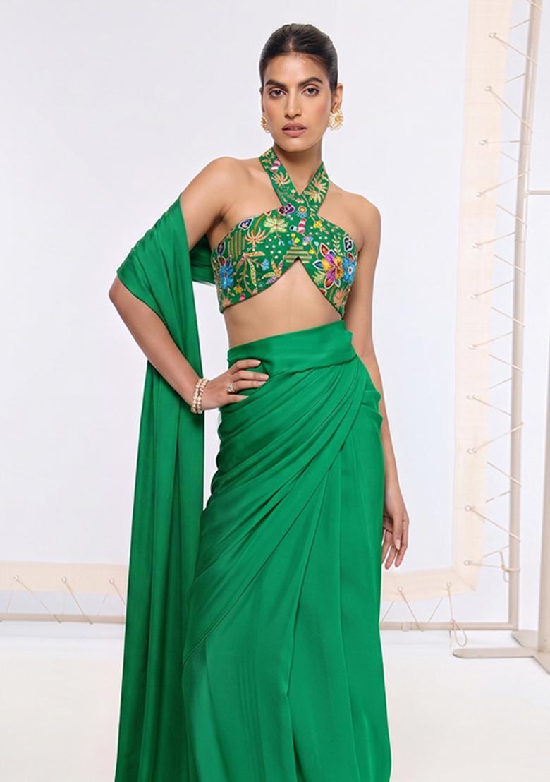 Emerald Green Printed Crepe Pre Draped Saree Set - Indya