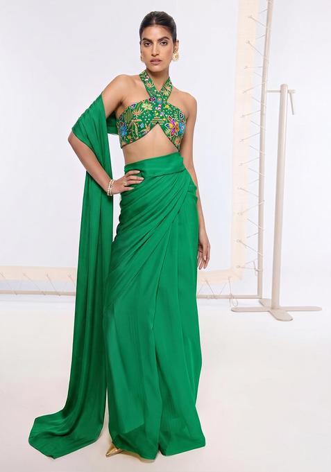 Emerald Green Printed Crepe Pre Draped Saree Set