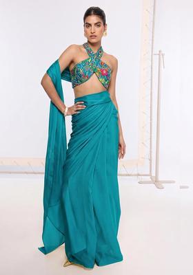 Teal Blue Printed Crepe Pre Draped Saree Set