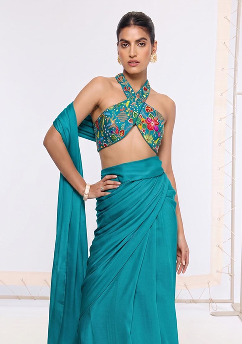 Teal Blue Printed Crepe Pre Draped Saree Set - Indya