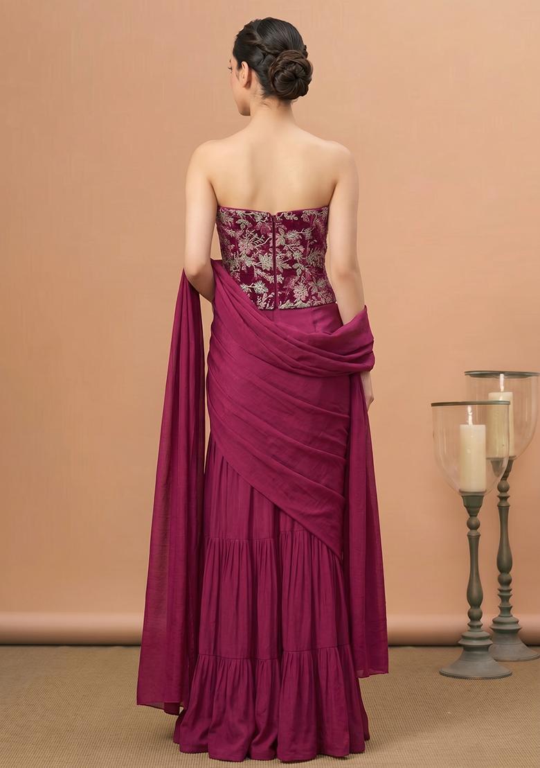 Magenta Pink Printed Crepe Pre Draped Saree Set - Indya
