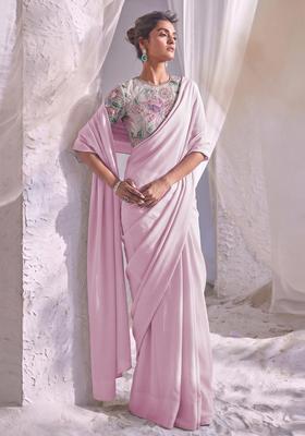 Soft Pink Printed Tissue Pre Draped Saree Set