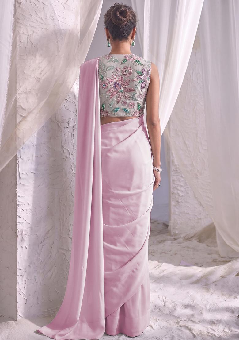 Soft Pink Printed Tissue Pre Draped Saree Set - Indya