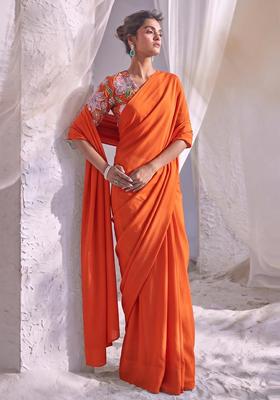 Orange Printed Tissue Pre Draped Saree Set