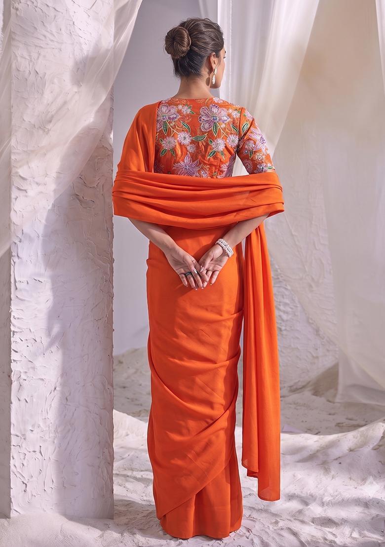 Orange Printed Tissue Pre Draped Saree Set - Indya