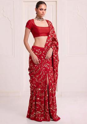 Crimson Red Embroidered Crepe Pre Draped Saree Set