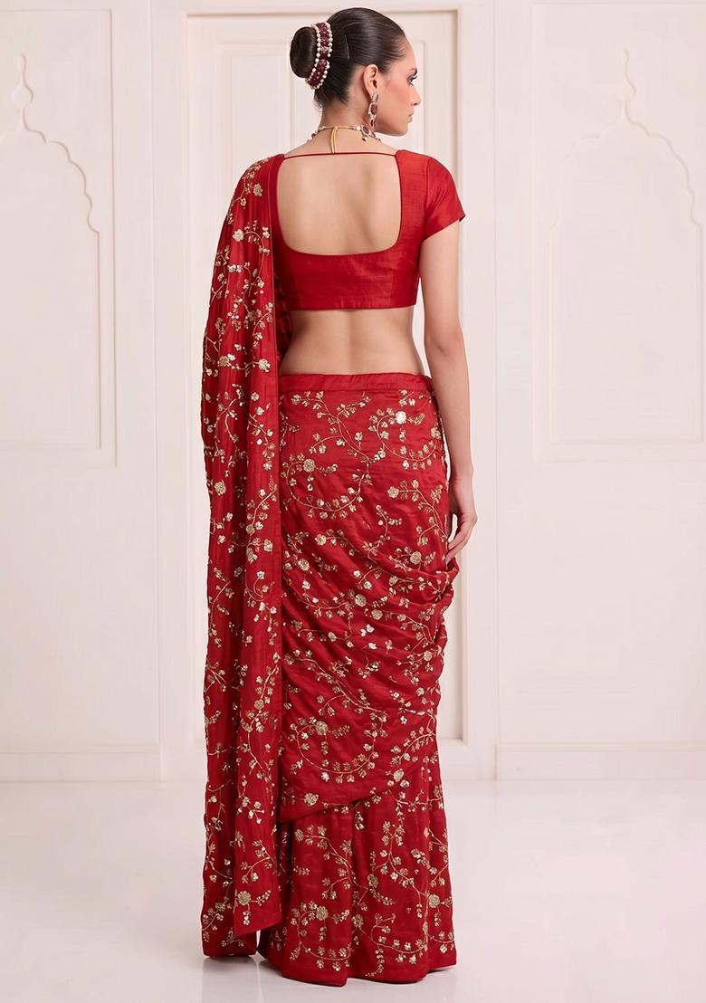 Crimson Red Embroidered Crepe Pre Draped Saree Set - Indya