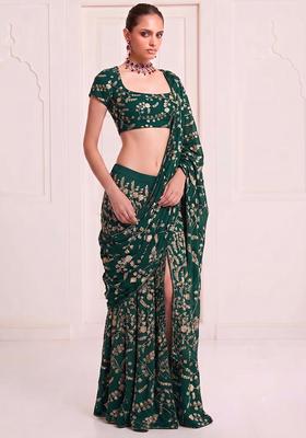 Emerald Green Embroidered Crepe Pre Draped Saree Set