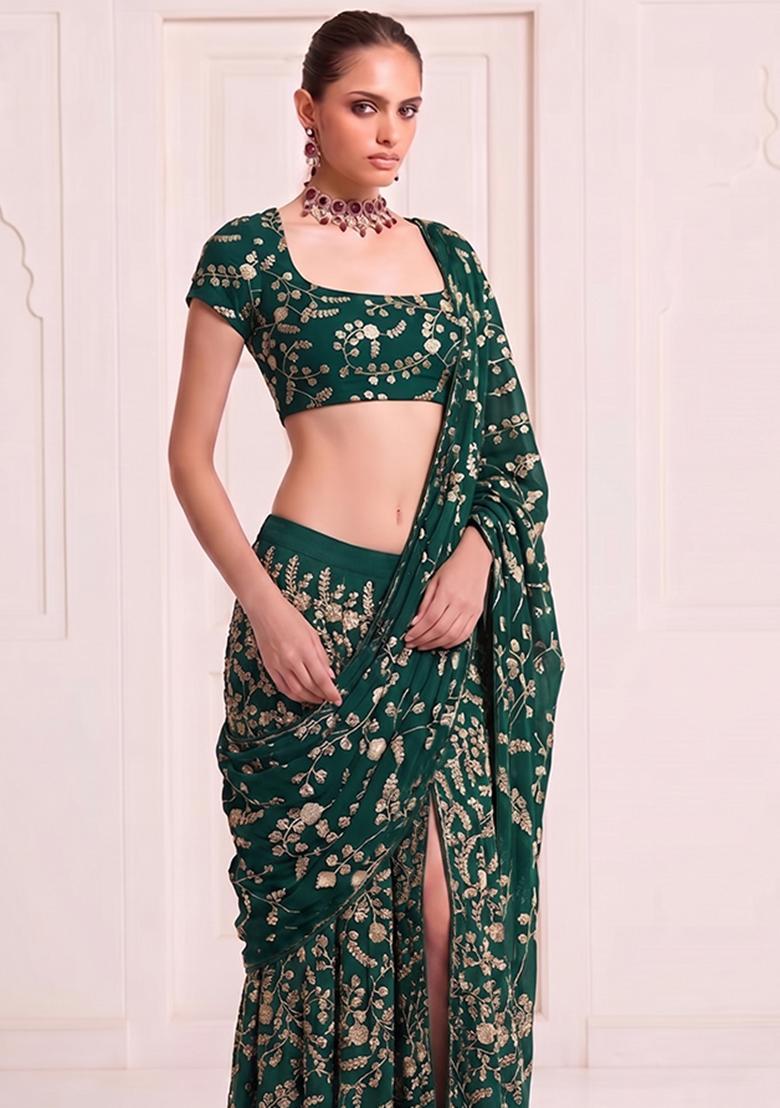 Emerald Green Embroidered Crepe Pre Draped Saree Set - Indya