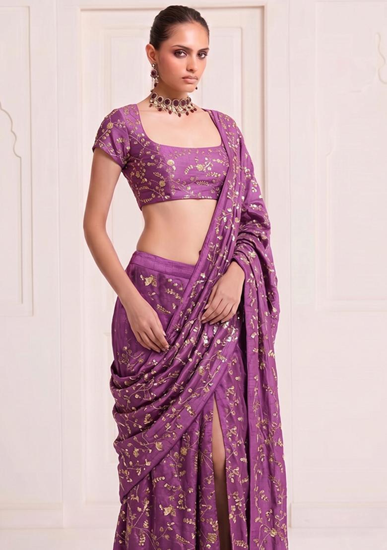 Mauve Purple Embroidered Crepe Pre Draped Saree Set - Indya