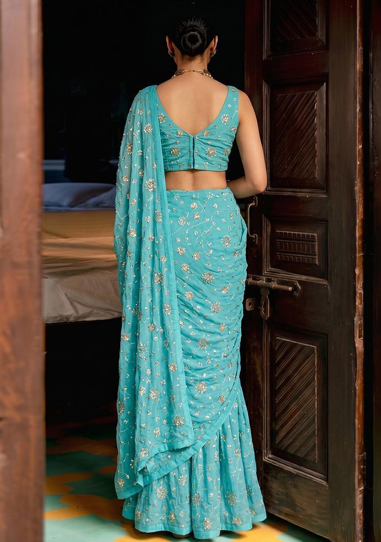 Turquoise Blue Embroidered Tissue Pre Draped Saree Set - Indya