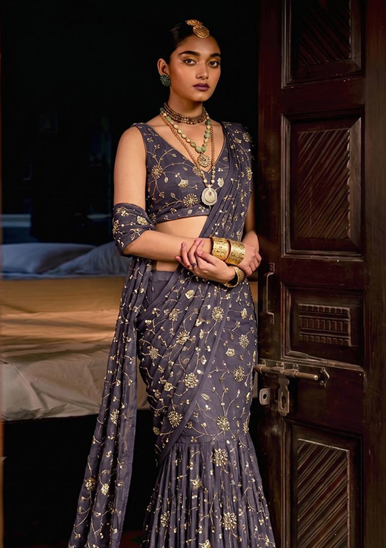 Mauve Embroidered Tissue Pre Draped Saree Set - Indya