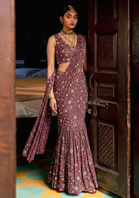 Dusty Pink Embroidered Tissue Pre Draped Saree Set
