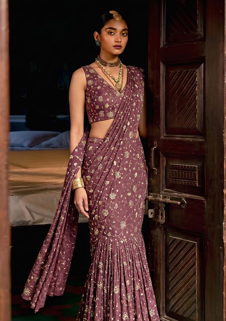 Dusty Pink Embroidered Tissue Pre Draped Saree Set - Indya