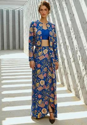 Royal Blue Printed Crepe Fusion Set