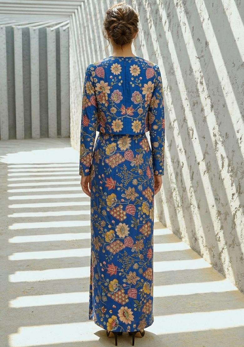 Royal Blue Printed Crepe Fusion Set - Indya
