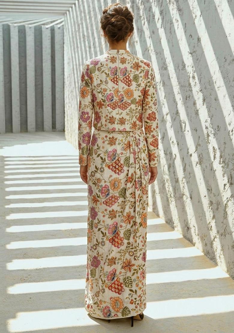 Ivory Printed Crepe Fusion Set - Indya