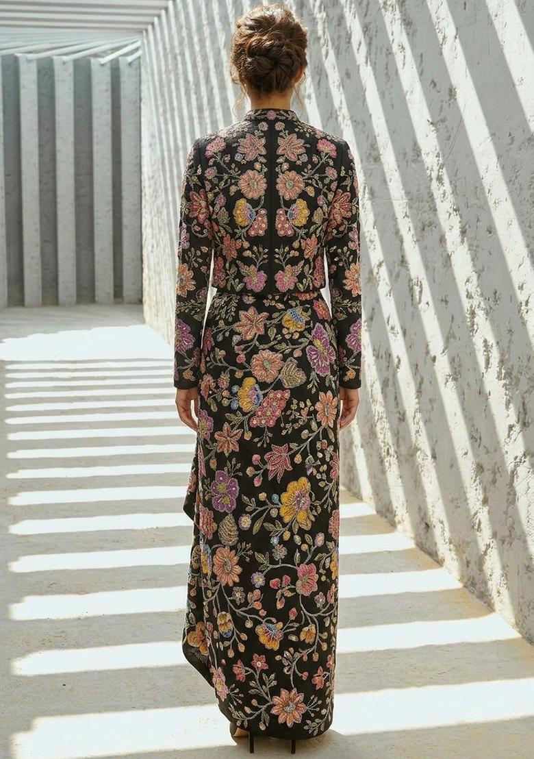 Black Printed Crepe Fusion Set - Indya