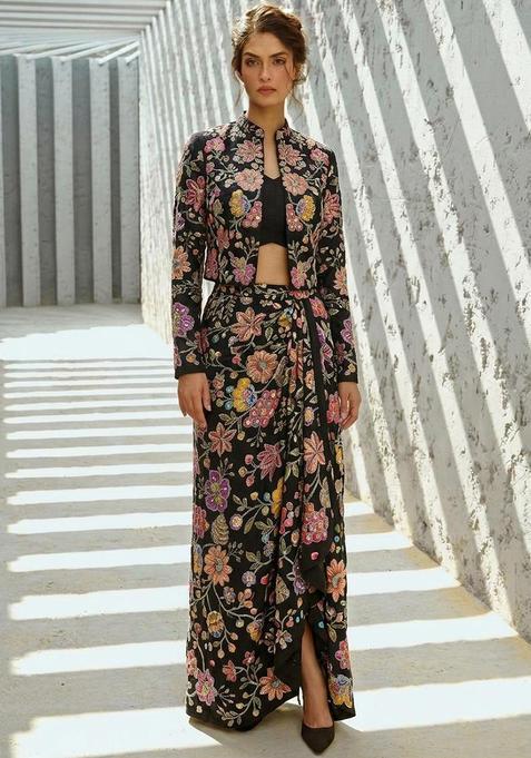Black Printed Crepe Fusion Set