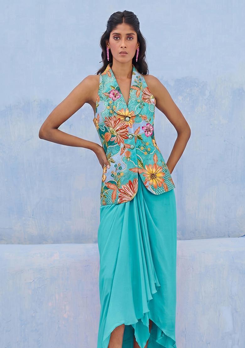 Turquoise Embroidered Silk Blend Fusion Set - Indya