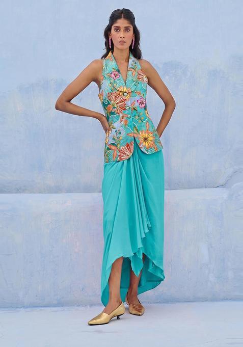 Turquoise Embroidered Silk Fusion Set