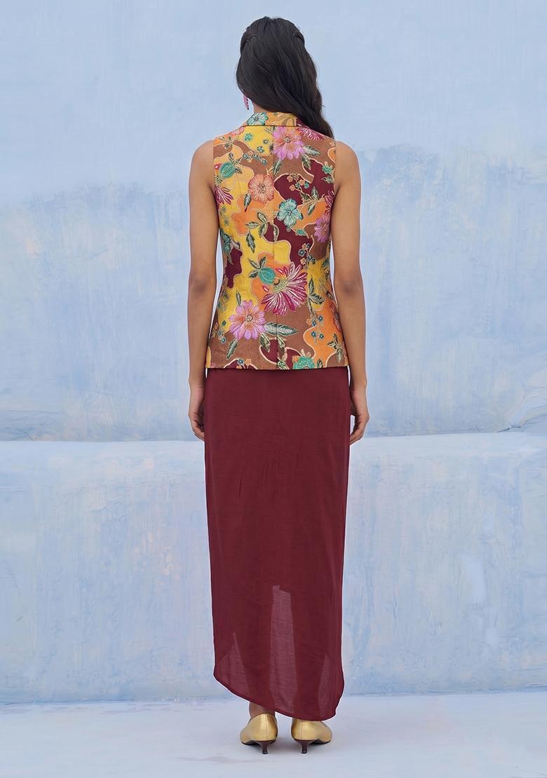 Maroon Embroidered Silk Blend Fusion Set - Indya