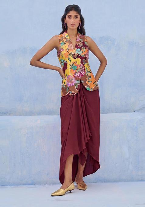 Maroon Embroidered Silk Fusion Set