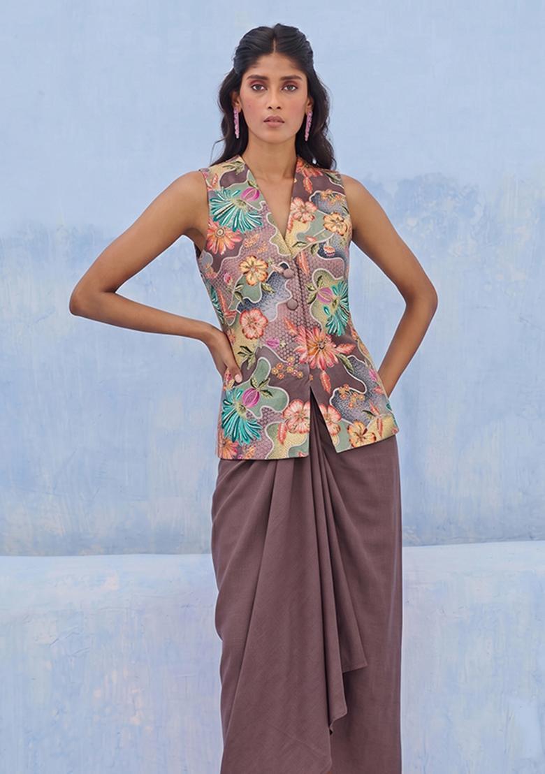 Brown Embroidered Silk Blend Fusion Set - Indya