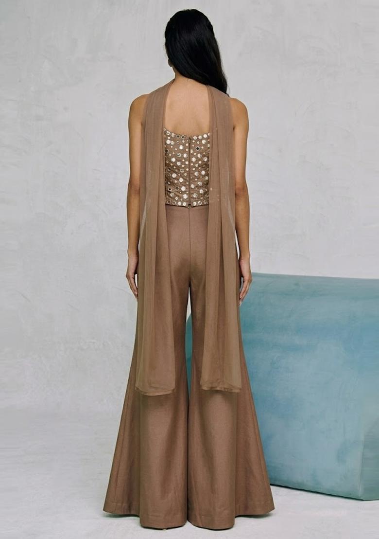 Brown Mirror Work Silk Blend Fusion Set - Indya