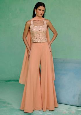 Peach Mirror Work Silk Blend Fusion Set