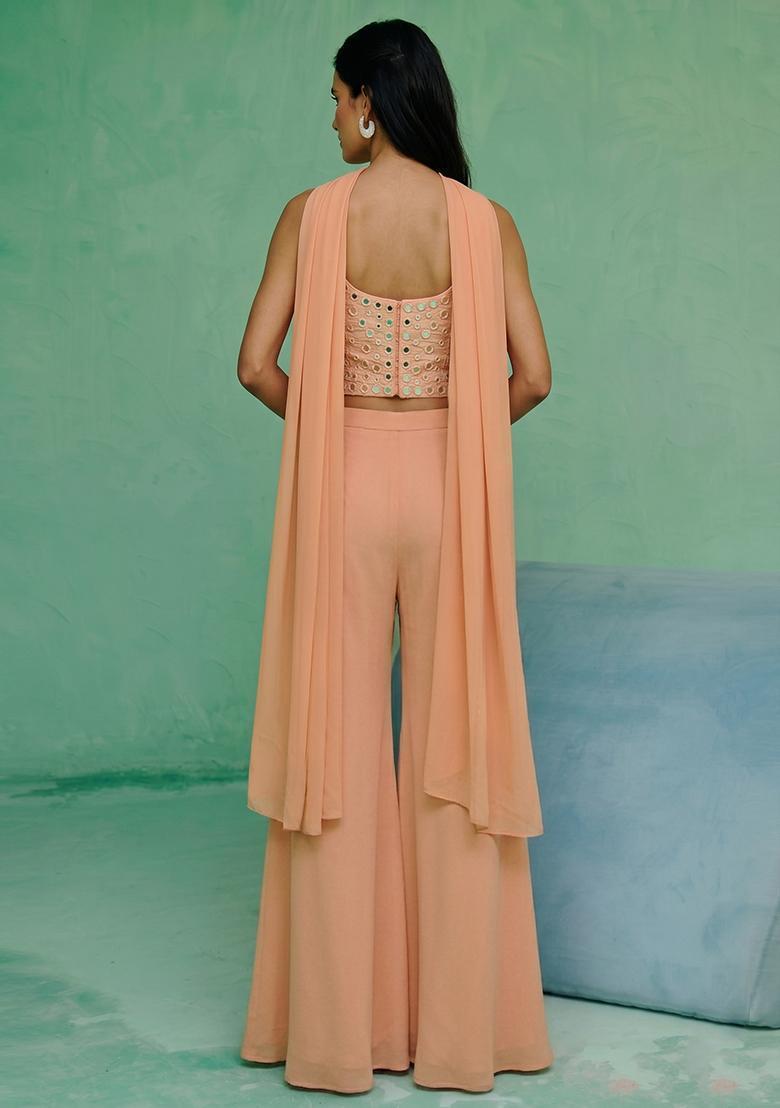 Peach Mirror Work Silk Blend Fusion Set - Indya