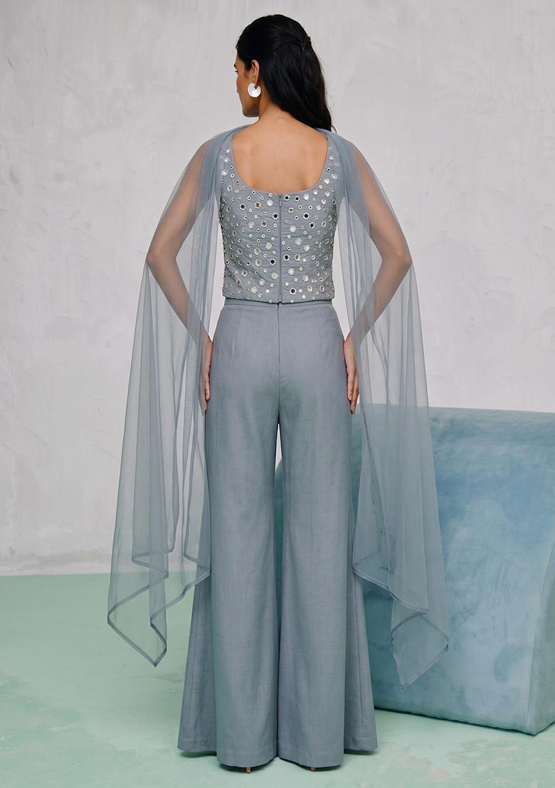 Pastel Blue Mirror Work Silk Blend Fusion Set - Indya