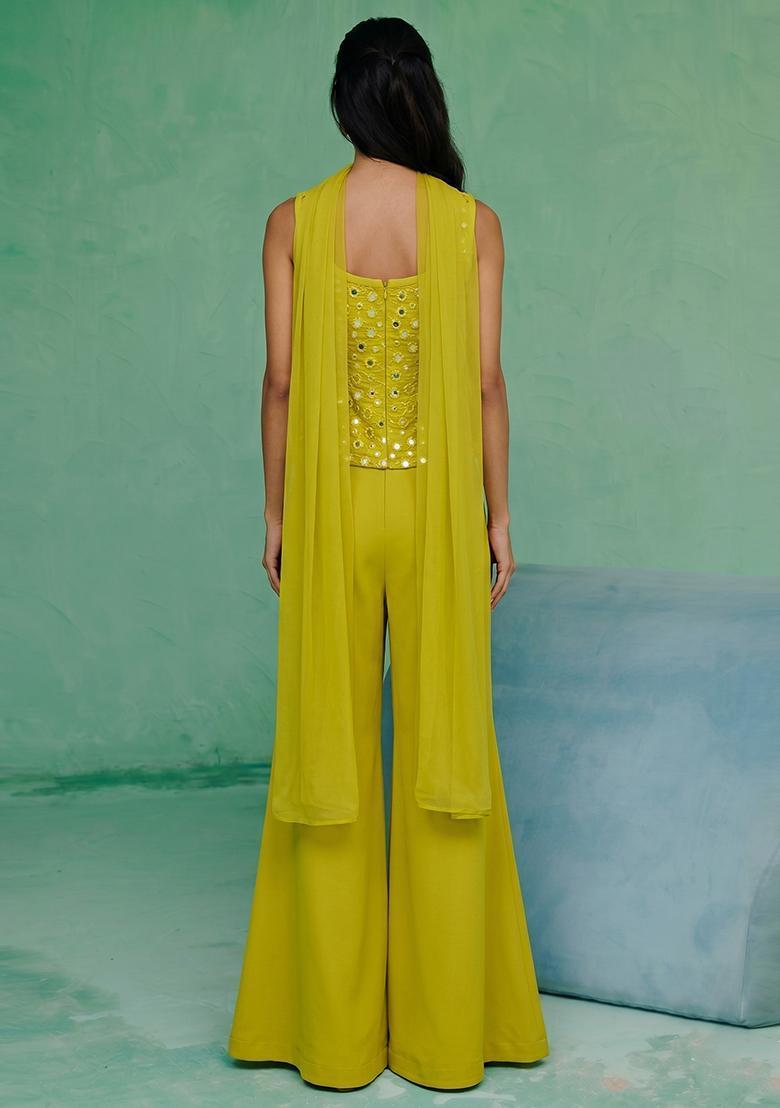 Lime Yellow Mirror Work Silk Blend Fusion Set - Indya