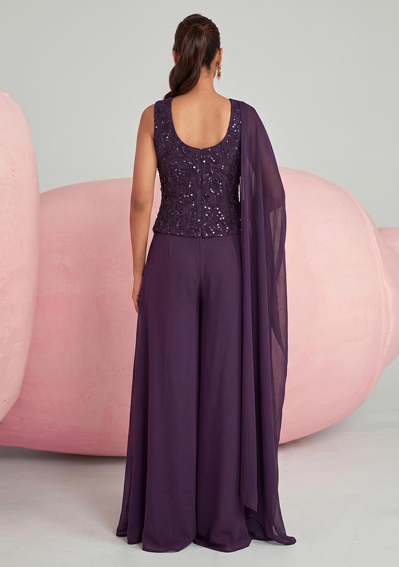 Deep Purple Embroidered Net Fusion Set - Indya
