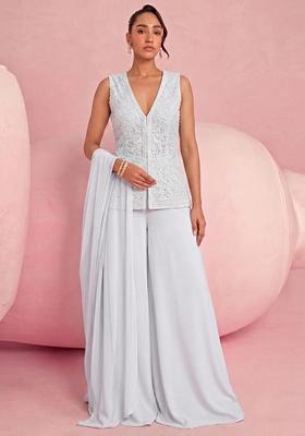Light Grey Embroidered Net Fusion Set