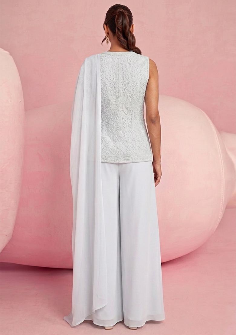 Light Grey Embroidered Net Fusion Set - Indya