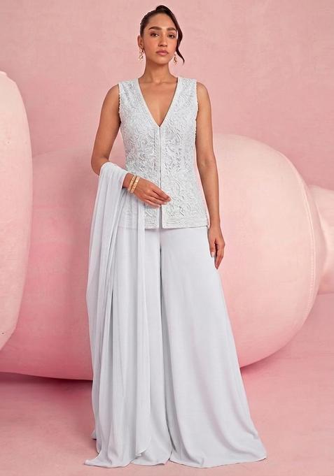 Light Grey Embroidered Net Fusion Set