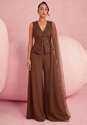 Chocolate Brown Embroidered Net Fusion Set