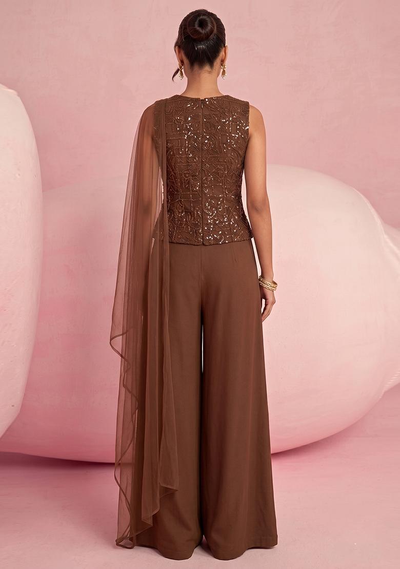 Chocolate Brown Embroidered Net Fusion Set - Indya