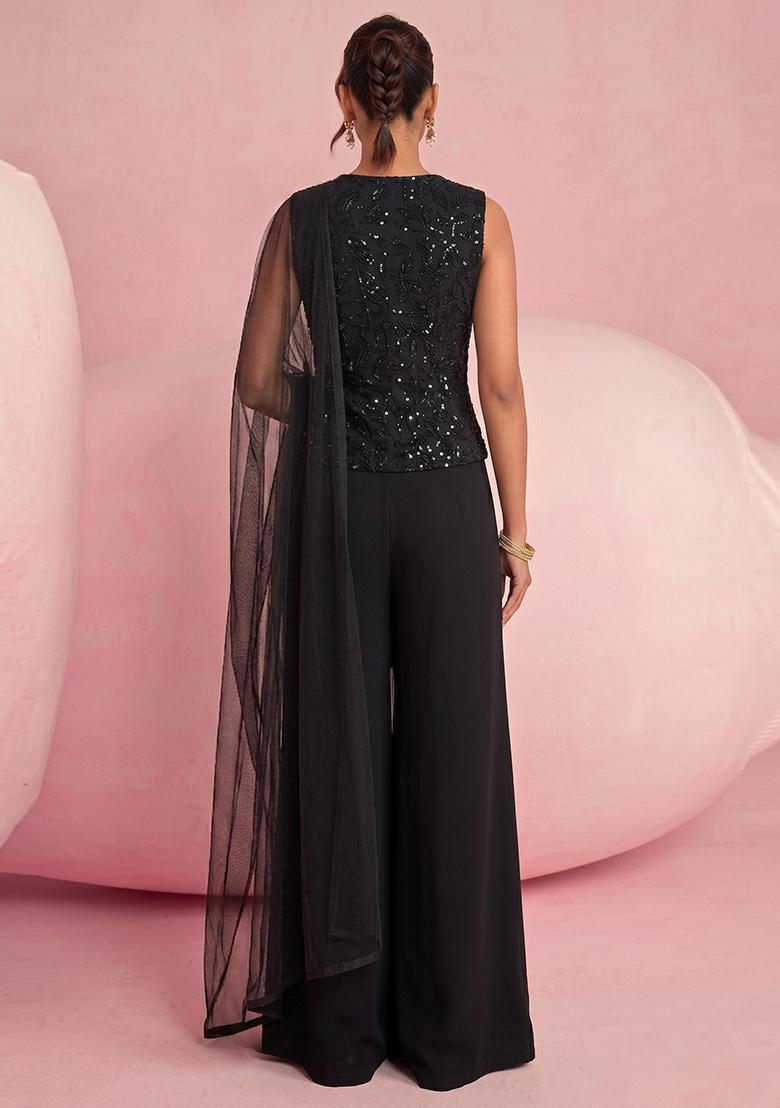 Black Embroidered Net Fusion Set - Indya