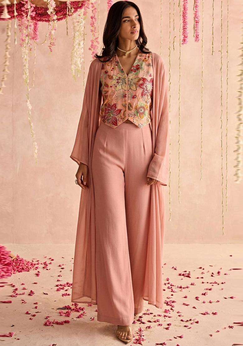 Dusty Pink Printed Organza Fusion Set - Indya