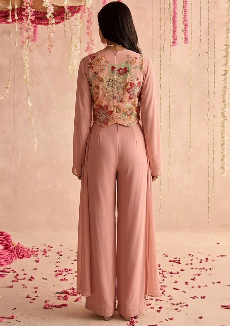 Dusty Pink Printed Organza Fusion Set - Indya
