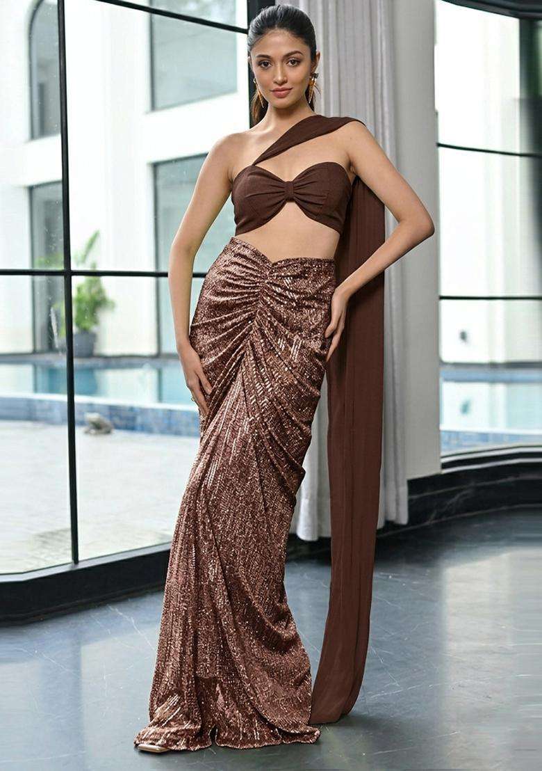 Chocolate Brown Sequin Georgette Fusion Set - Indya