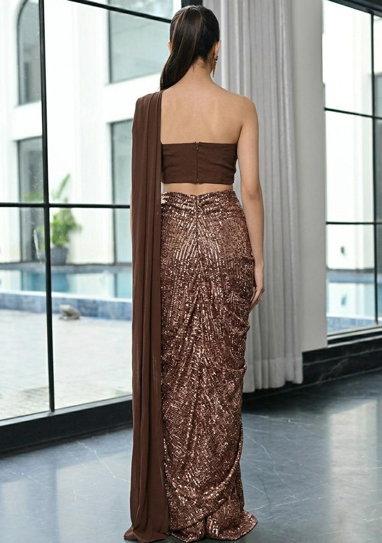 Chocolate Brown Sequin Georgette Fusion Set - Indya