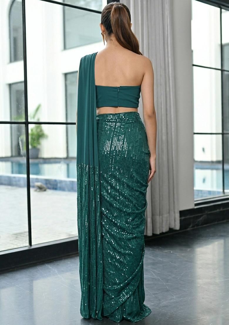 Dark Green Sequin Georgette Fusion Set - Indya