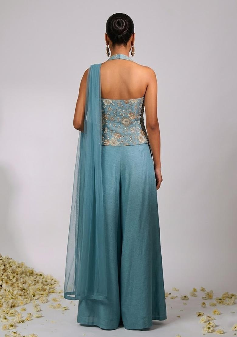 Dusty Blue Embroidered Georgette Fusion Set - Indya