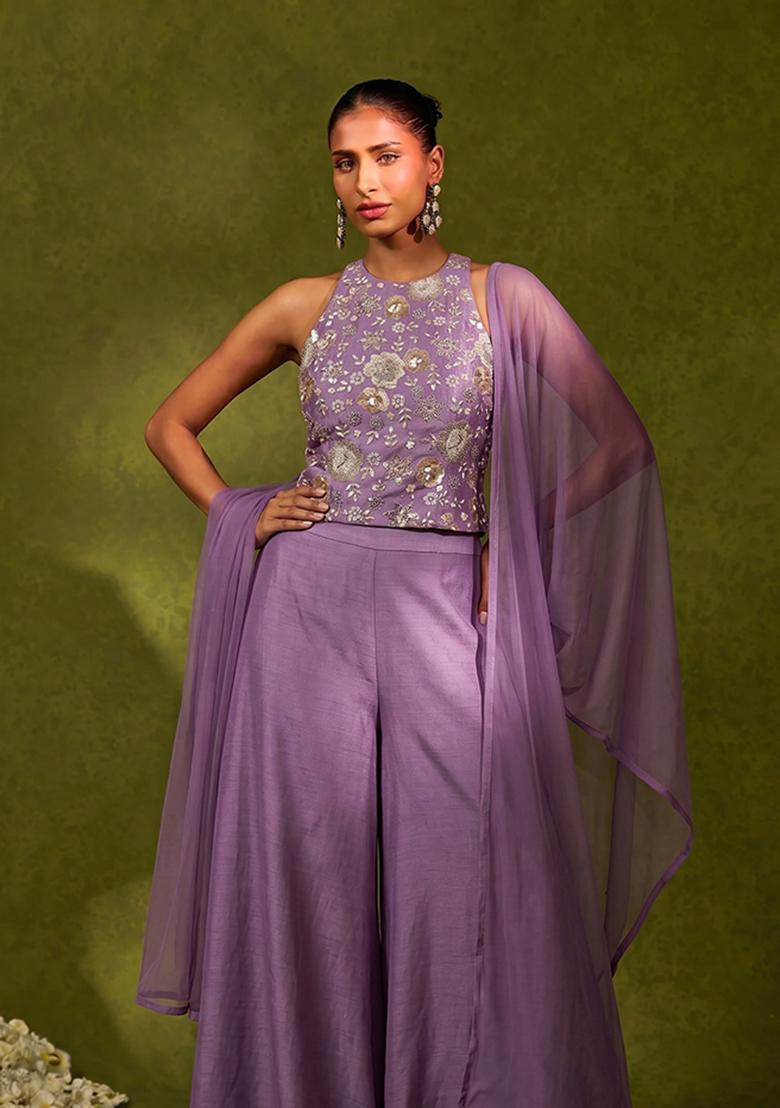 Lavender Embroidered Georgette Fusion Set - Indya