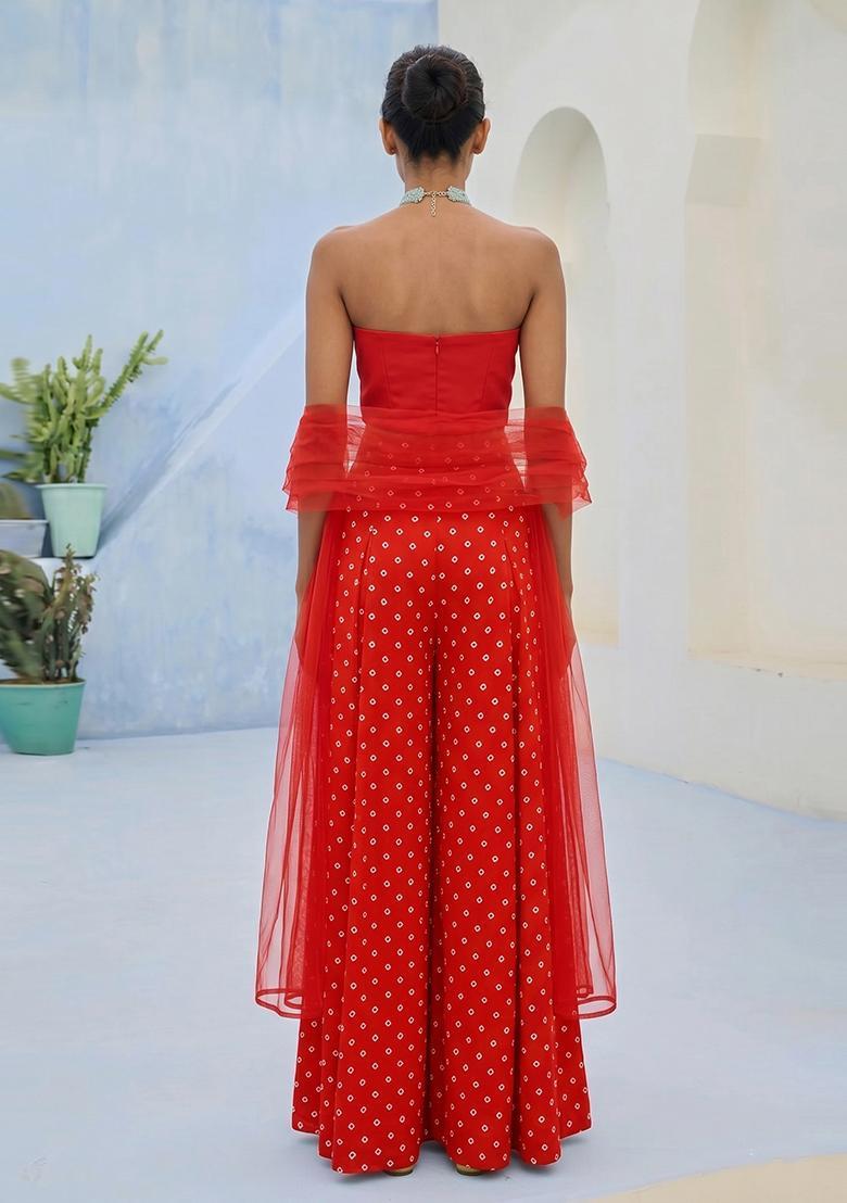 Bright Red Embroidered Silk Blend Fusion Set - Indya