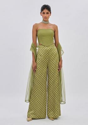 Olive Green Printed Silk Blend Fusion Set