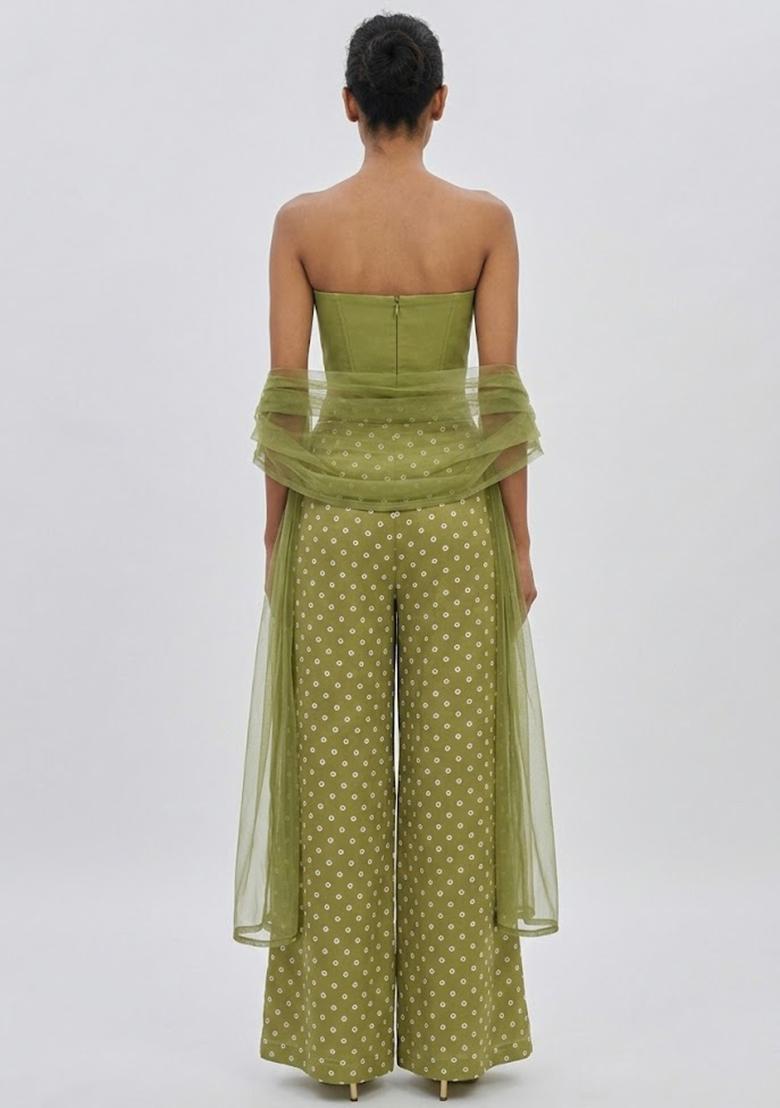 Olive Green Printed Silk Blend Fusion Set - Indya